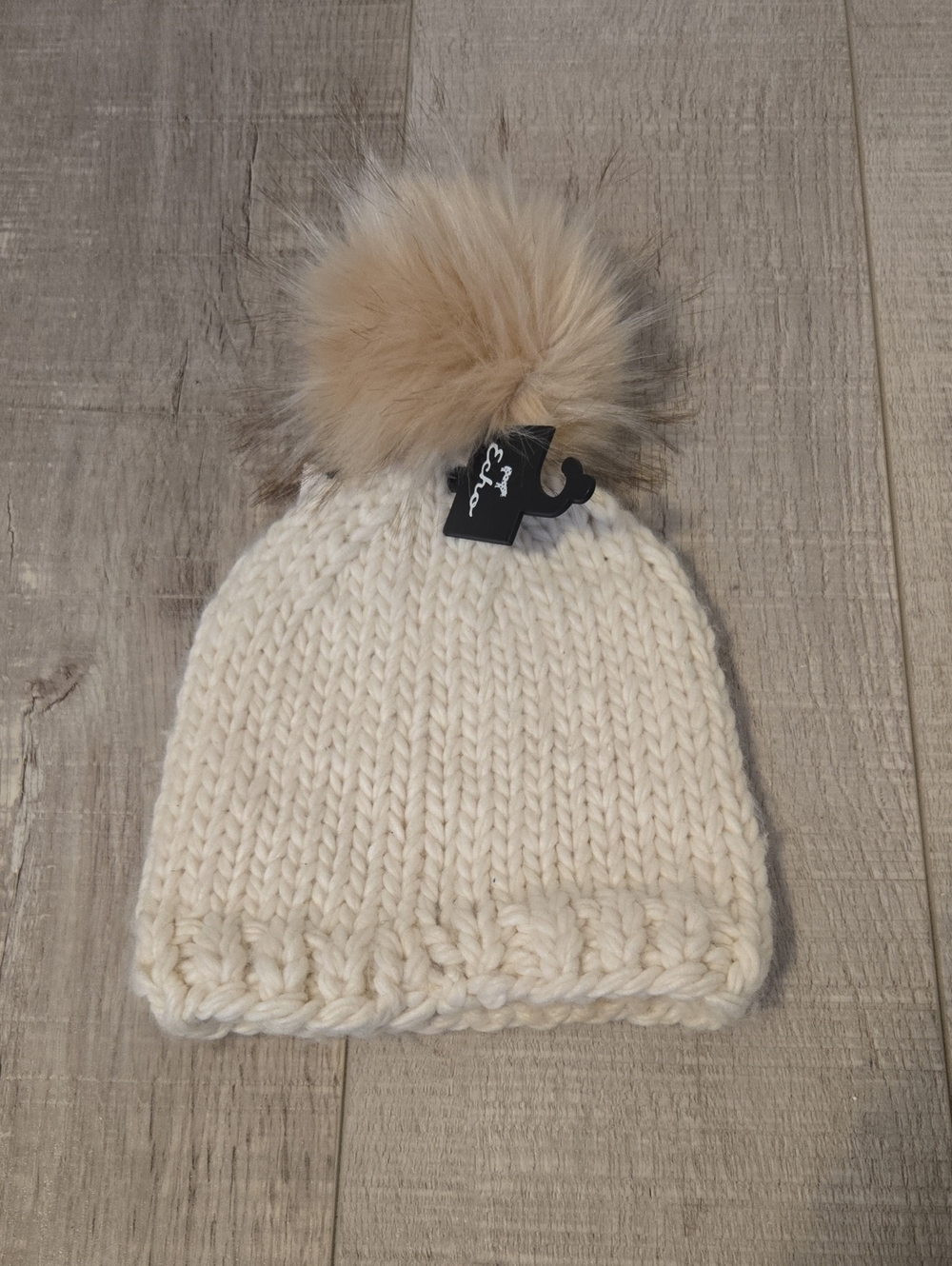 Echo Cream Knit Beanie with Faux Fur Pom Pom